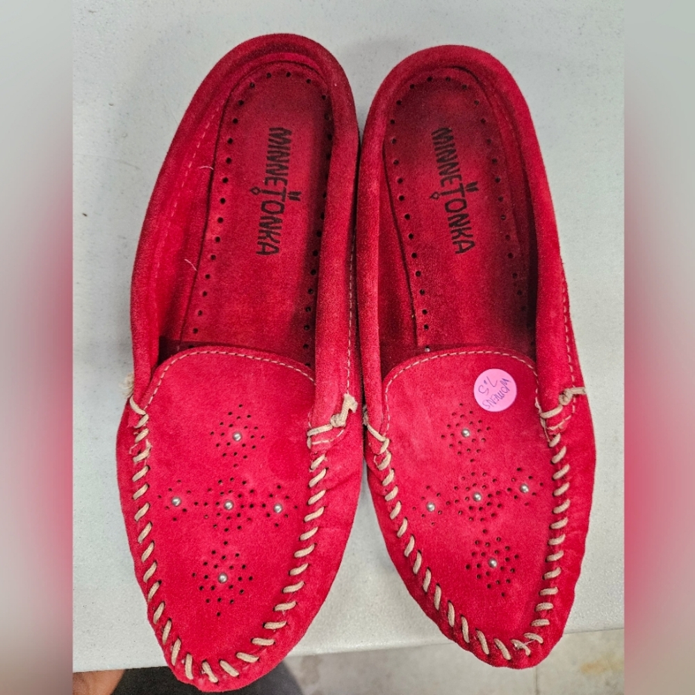 Minnetonka women's suede slip on shoes.